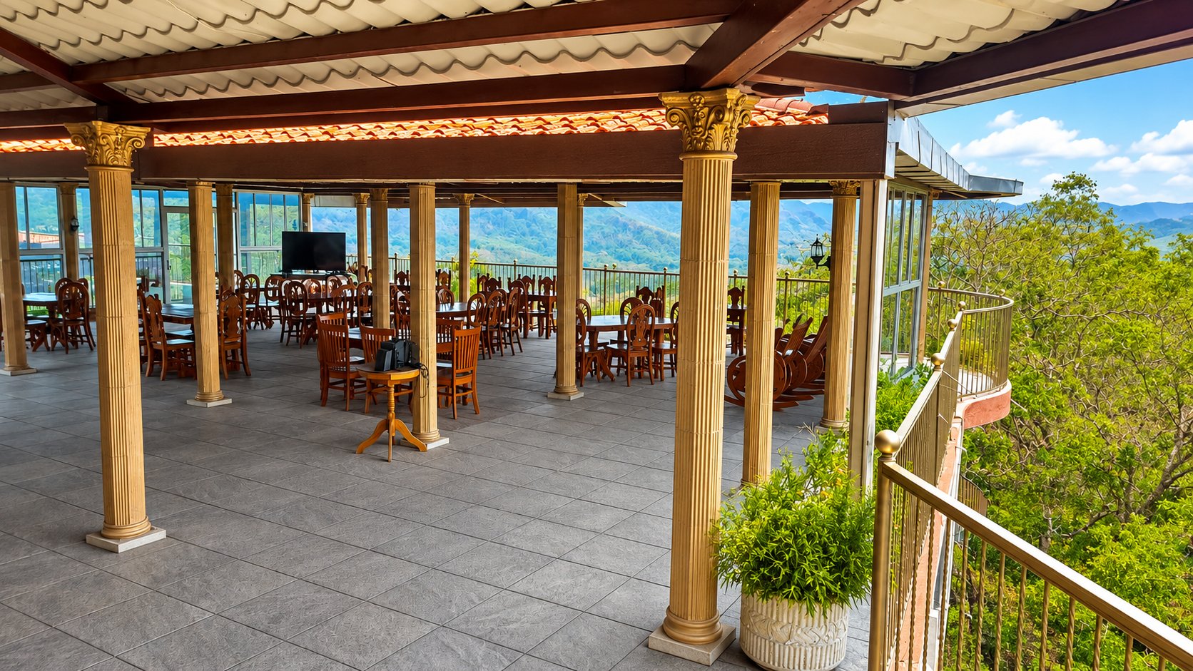 Rooftop with mountain backdrop